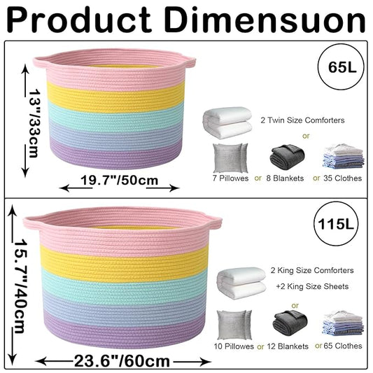65L Large Blanket Basket,19.7" L x 19.7" W x 13" H Rope Woven Baskets with Handles, Toys Storage Bins,Laundry Basket Perfect for Living Room, Nursery,Bedroom,Home Organization,Colorful