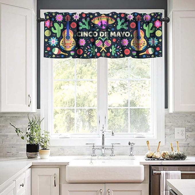 Mexican Style Valances Curtain for Kitchen, Mexico Cinco De Mayo Flowers Cactuses Singer Window Treatment Valances Short Curtains Rod Pocket Drape for Dining Room Home Decor, 54x18inch
