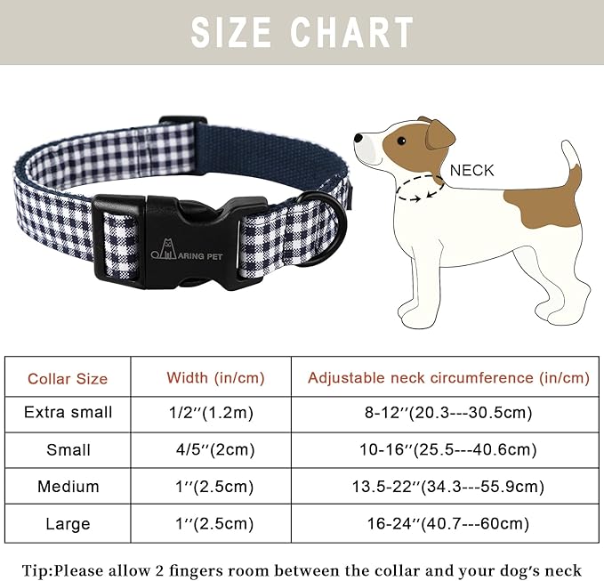 ARING PET Dog Collar, Cute Adjustable Comfortable Cotton Navy White Plaid Pet Collars for Small Medium Large Male Female Boy Girl Dogs-X-Small