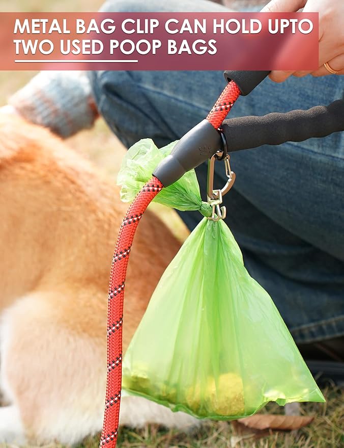 Gobeigo Dog Poop Bag Holder for Leash, Large Opening for Easy Pull Out, Doggy Poo Bag Dispenser with Used Waste Bag Carrier Suitable for Any Retractable Leash with 15 Unscented Bags (Red)