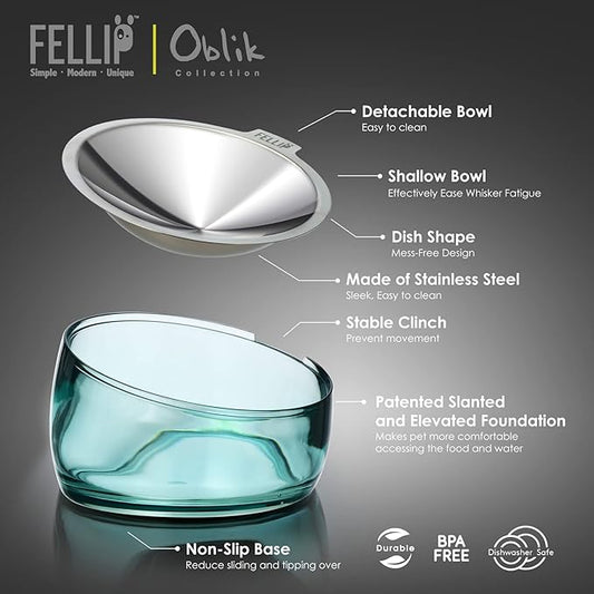 Felli Oblik Elevated Cat Bowl Removable Stainless Steel Wide Dish for Dry Wet Food Feeding & Dishwasher Clean, Slanted Whisker Fatigue Friendly Metal Plate (Classic, 0.5 Cups Shallow Dish)
