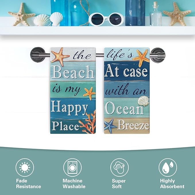 The Beach is My Happy Place Kitchen Dish Towels Set of 2, Coastal Ocean Starfish Shell Coral Drying Hand Towel Baking Cooking Cloth, Farmhouse Beach House Sea Home Decoration 18 x 26 Inches