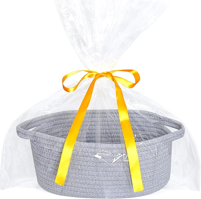 ABenkle Small Basket, 12"x 8" x 5" Cute Small Woven Basket, Rope Room Shelf Storage Basket, Cat Dog Toys Basket Chest Box, Decorative Empty Gift Basket with Handles - All Gray