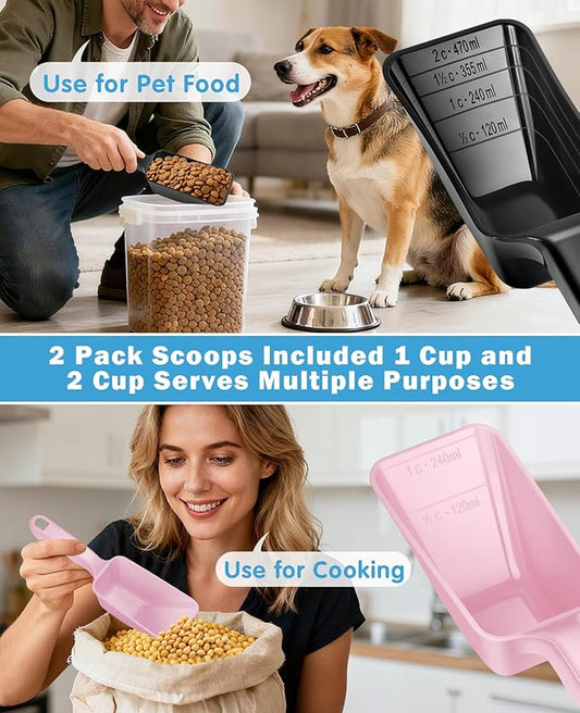 2-Pack Dog Food Scoop Set,1 Cup and 2 Cup Plastic Pet Food Measuring Scoops with Clear Measurement Lines,Multi-Purpose Pet Food Scooper for Dogs, Cats (Pink and Black)
