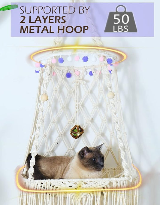 KARCEEY Cat Hammock Macrame Hanging Bed for Large Cats - 50lbs Heavy Duty Cat Swing Wall Mounted Boho Window Perch - Hardware Kit Included