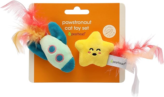 Pearhead Pawstronaut Cat Toy Set, Feather Teaser and Rattle Catnip Toy Set, Must Have Pet Accessories