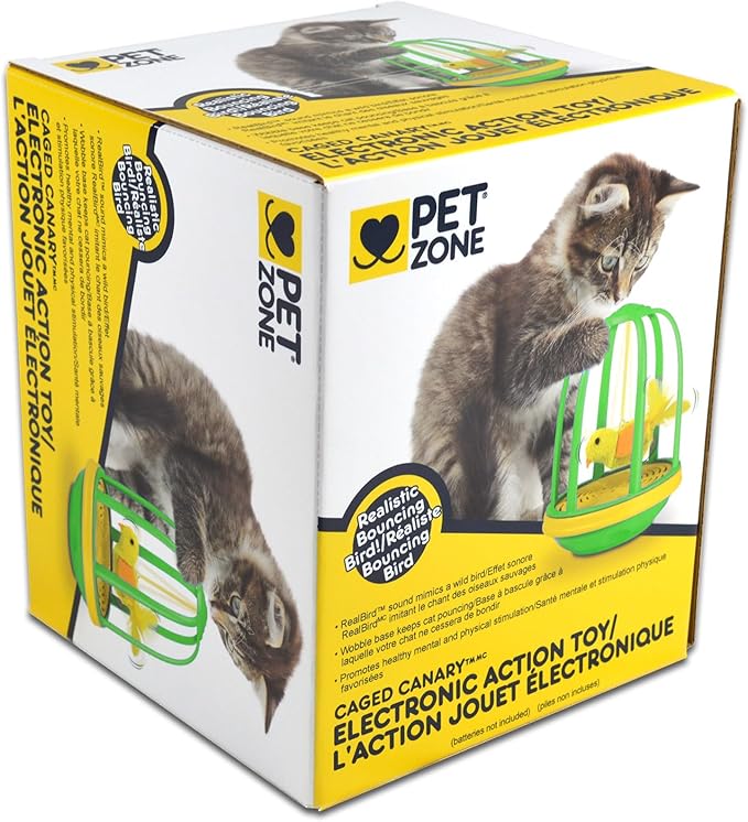 Pet Zone Caged Canary Electronic Action Bouncing Bird Cat Toy with Real Bird Sound, Pack of 1