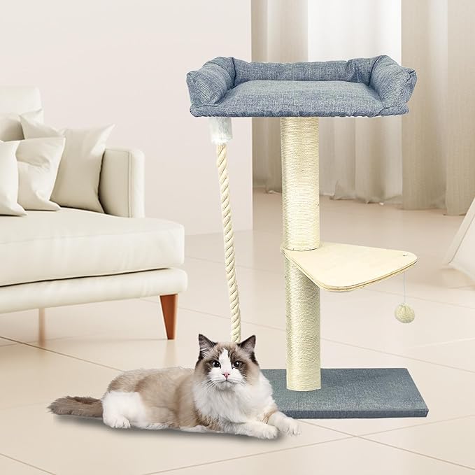 35" Cat Tree Tower for Indoor Cats, Tall Cat Scratching Post with Large Bed for Maine Coon Big Cats, Sisal Cat Scratcher with Soft Perch & Hammock, Stable Cat Stand, Gray