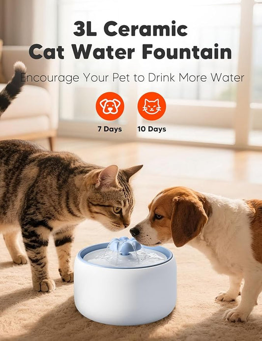 WOPET Premium Ceramic Cat Water Fountain W03 Lite,3L/101oz Automatic Pet Water Fountain for Cats & Dogs, Dishwasher Safe,Luxury Cat Fountain with Ultra-Quiet Pump and Filter & Sponge