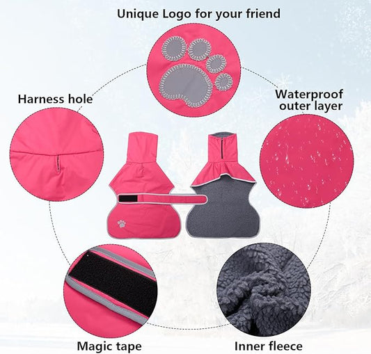 Geyecete Dog Winter Coat Geyecete Greyhound Raincoat Fabric with Lamb Velvet Inside Outdoor Dog Apparel with Adjustable Bands for Medium, Large Dog-Pink-L