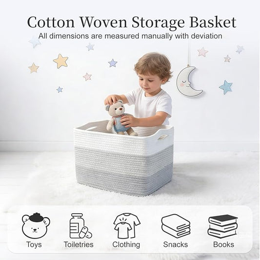 Hopegiver 1 Pack Woven Storage Baskets for Shelves, 15x11x10 Inch Cotton Rope Decorative Organizer Bins for Blanket Clothes Book Baby Pet, Gift Toy Basket for Living Room, Office, Bathroom & Nursery