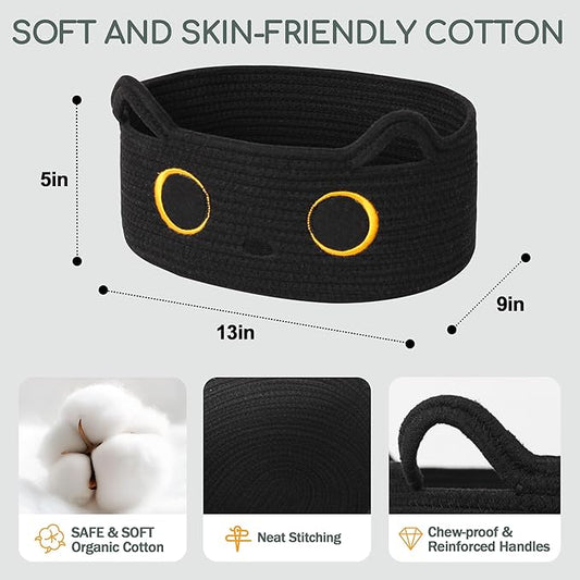 Black Cat Toy Basket, Small Woven Cat Toy Storage Box with Cute Ears Handle Indoor, Cotton Rope Storage Bin with Embroidered Face for Halloween Decor, Pet Bed, Nursery Kids Room Organization