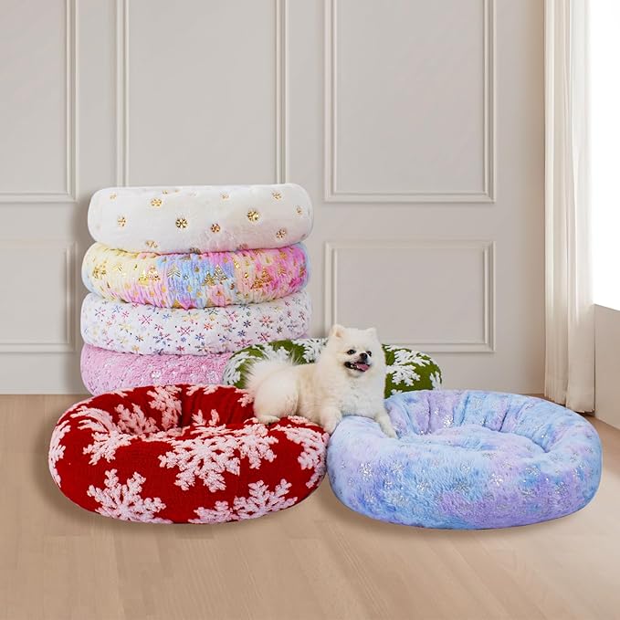 23 Inch Christmas Snowflakes Calming Dog Bed for Small Dogs Cats, Kitty Puppy Round Anti-Anxiety Warm Bed, Soft Cozy Anti-Slip Donut Washable Pet Bed, Fits up to 30 lbs Pets