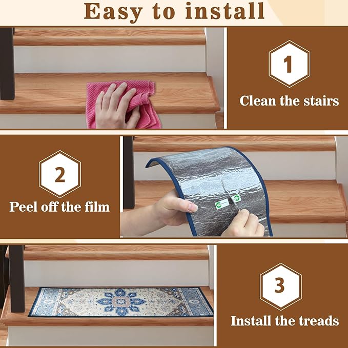 15Pcs Stair Treads for Wooden Steps Indoor with Self Adhesive, 8"x30" Non Slip Stair Treads Stair Carpet Runner, Resistant Indoor Runner for Kids、Elders and Pets,White and Brown
