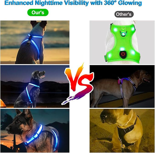 Visinite LED Dog Harness, USB Rechargeable Light Up Dog Vest, 2 Illuminate Modes Glow in The Dark Dog Harness, Adjustable Lighted Pet Harness Light for Night Walking Safety(Blue, XL)