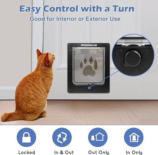 Wordcam Large Cat Door(Outer Size 10.7'' x 9.5''), Robust Cat Door for Interior Exterior Doors, 4 Way Lockable Cat Flap Door, Pet Door for Cats Kitty Kittens Doggies (Black, L)