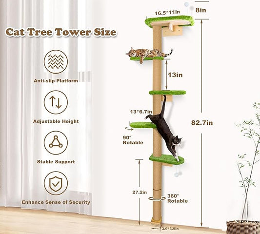 Floor to Ceiling Cat Tree for Kittens, Wall Mounted Cat Wall Furniture with Green Plush Pads, 5 Platform Wild Simulation Climbing Tower, Adjustable Height