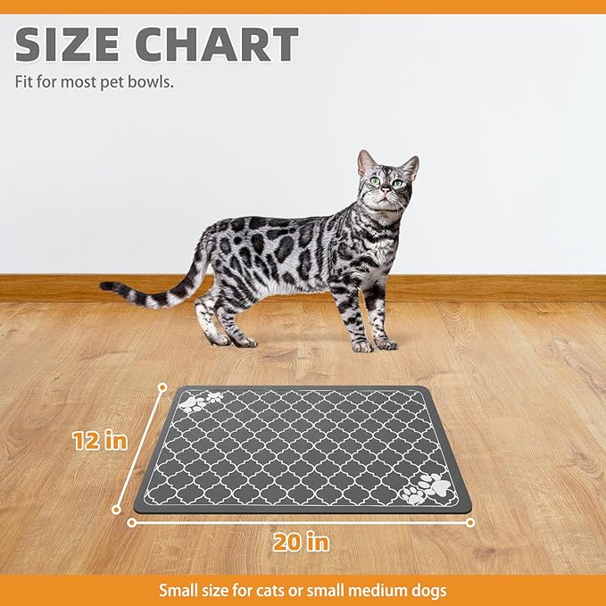 KOOLTAIL Dog Food Mat, 2 Pack Absorbent Pet Feeding Mat for Food and Water Bowls, Placement Pad for Floors with Waterproof Rubber Backing, Quick Dry Water Dispenser Mat for Dogs Cats, Grey, 12"x20"