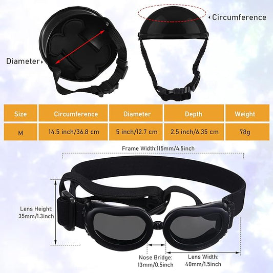 Frienda Dog Helmet and Goggles, UV Protection Doggy Sunglasses and 4 Inch Padded Puppy Motorcycle Helmet Adorable Dog Goggles with Adjustable Belt for Small Dogs Puppy Riding(Black,M)