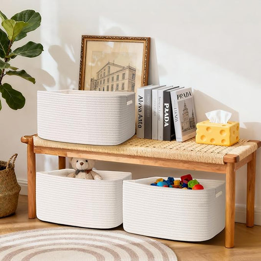 2 Pack Large Storage Basket for Organizing, 17.5"x13"x7" Woven Basket for Shelves, Closet Cube Storage Bins with Wrapped Handle, Cotton Rope Baskets for Kitchen, Clothes, Toys(Off White)