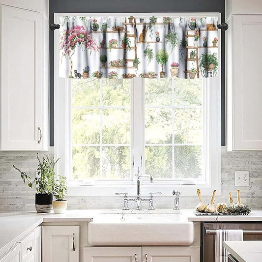 Vintage Bohemian Flower Window Valance Curtains, Colorful Succulent Plants Cute Cats Art Green House Plant Potted Flower Valance Curtain for Farmhouse Bedroom Living Room Kitchen 54x18inch