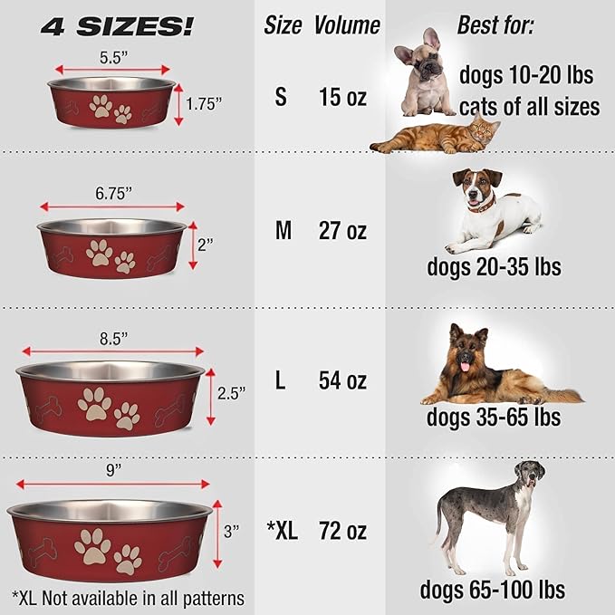 Loving Pets Bella Dog Bowls- Stainless Steel Dog & Cat Bowls - Spill Proof Dog Food Bowl, Cat Bowl, Puppy Essentials & Pet Supplies Great for Home & Travel (X-Large 65-100lbs, Merlot)