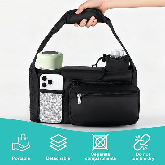 Universal Stroller Organizer with Insulated Cup Holder Detachable Phone Bag & Shoulder Strap, Bag Caddy Fits for Stroller like Uppababy, Baby Jogger, Britax, BOB, Umbrella & Pet Stroller
