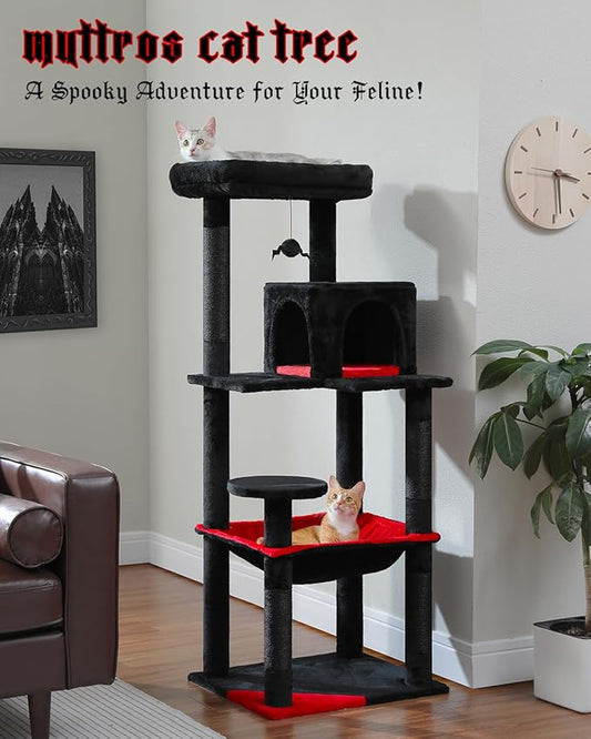 MUTTROS Gothic Cat Tree with Super Large Hammock, 56.3" Black Cat Tower with Coffin Bed, Cat Condo, Sisal Scratching Posts & Top Perch, Multi-Level Goth Cat Tree, Halloween, Black