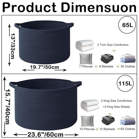 65L Large Blanket Basket,19.7" L x 19.7" W x 13" H Rope Woven Baskets with Handles, Toys Storage Bins,Laundry Basket Perfect for Living Room, Nursery,Bedroom,Home Organization,Dark Blue
