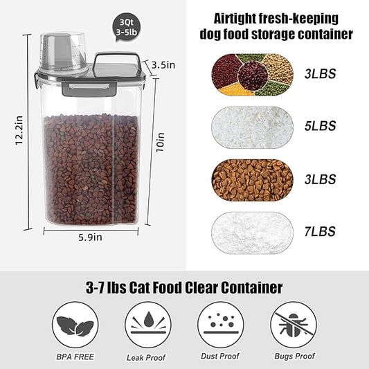 3-5Lbs/3Qt Dog Cat Food Storage Container With Foldable Bowl. Plastic Pet Food Dispenser for Small Animal Kibble/Pet Food/Bird Seed/Oatmeal/Rice/Flour/Brown Sugart/Cereals (Clear Black)