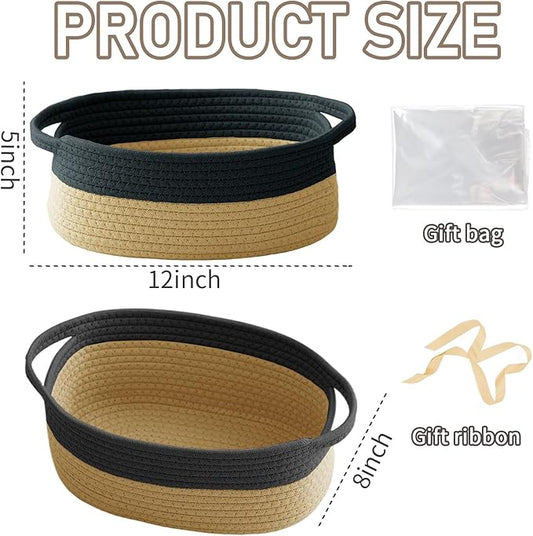 Woven Basket,Small Rope Storage Bin with Handles & Ribbon Bag, Organizer for Shelves Closets,Gift Basket Empty for Birthday,Books,Dog Toys, Black&Jute/3 Pack