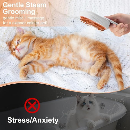 Steam Brush for Cat & Dog – 3-in-1 Spritz Pet Spray Hair Removal Comb for Grooming & Shedding Steam – Water Brush for Long & Short Haired Pets– Includes Two Bottles Waterless 2*Shampoo