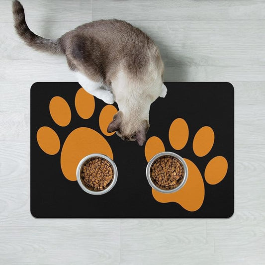 Dog Food Mats for Floors Absorbent, Cat Food Mat - Pet Cat Feeding Mat Quick Dry, Dog Bowl Mats for Water, Pet Supplies Feeding Placemat 12" x 20" Footprints Orange