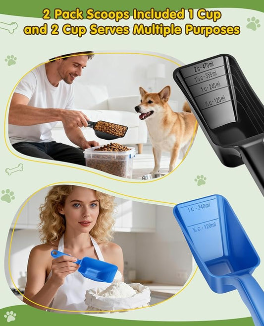 2 Pack Dog Food Scoop with 1 Cup and 2 Cup Capacity, Plastic Pet Food Measuring Scoops with Clear Measurement Lines for Dogs, Cats & More,Dishwasher safe (Blue and Black)