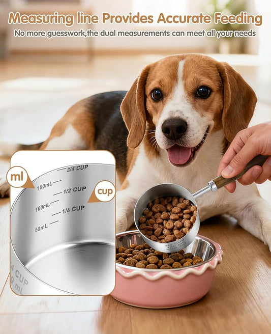Stainless Steel Dog Food Scoop, Dog Food Measuring Cup With Measuring Lines (Cup/ML) & Long Wooden Handle, Metal Pet Food Scoop For Dogs, Cats and Kitchen Use, Dishwasher Safe (3/4 CUP)