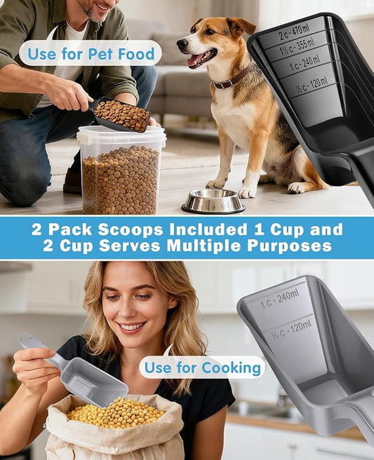 2-Pack Dog Food Scoop Set,1 Cup and 2 Cup Plastic Pet Food Measuring Scoops with Clear Measurement Lines,Multi-Purpose Pet Food Scooper for Dogs, Cats (Grey and Black)