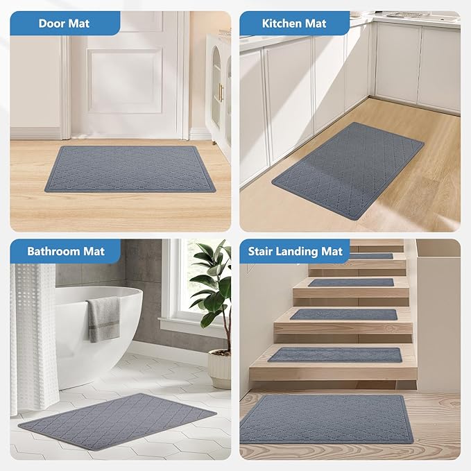 Stair Treads Non Slip Landing Rug for Wooden Steps Indoor, Peel and Stick Stair Treads Matching-Mat 20"X32" Landing Slip Resistant Stair Rugs for Kids and Dogs, Polyester Stair Landing Mat, Grey Blue