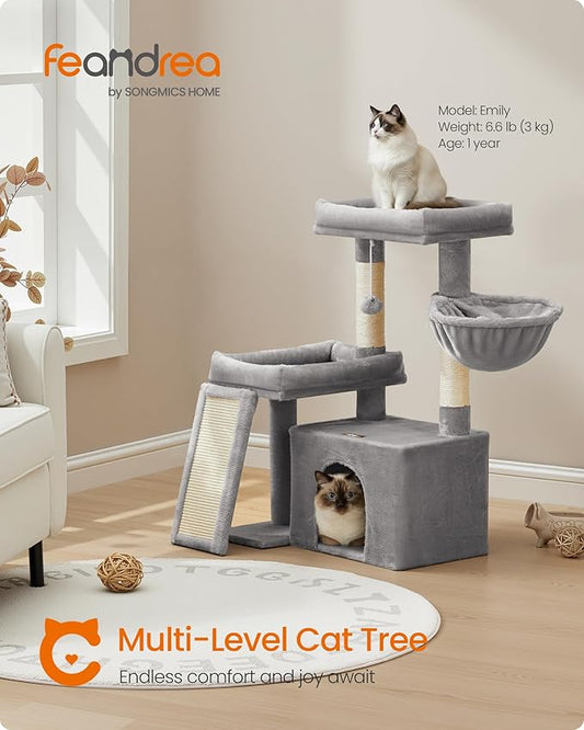 Feandrea Cat Tree, Cat Tower Condo with Scratching Posts and Ramp, 2 Large Perches, Cave, Basket, 33.8 Inches Tall, Dove Gray UPCT013GD02S