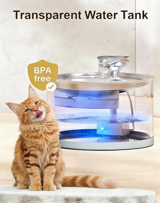 NPET N280 Glass Cat Water Fountain - 2.8L Automatic, Ultra-Quiet Pump with Stainless Steel Tray, Easy to Clean & Eco-Friendly for Cats and Dogs