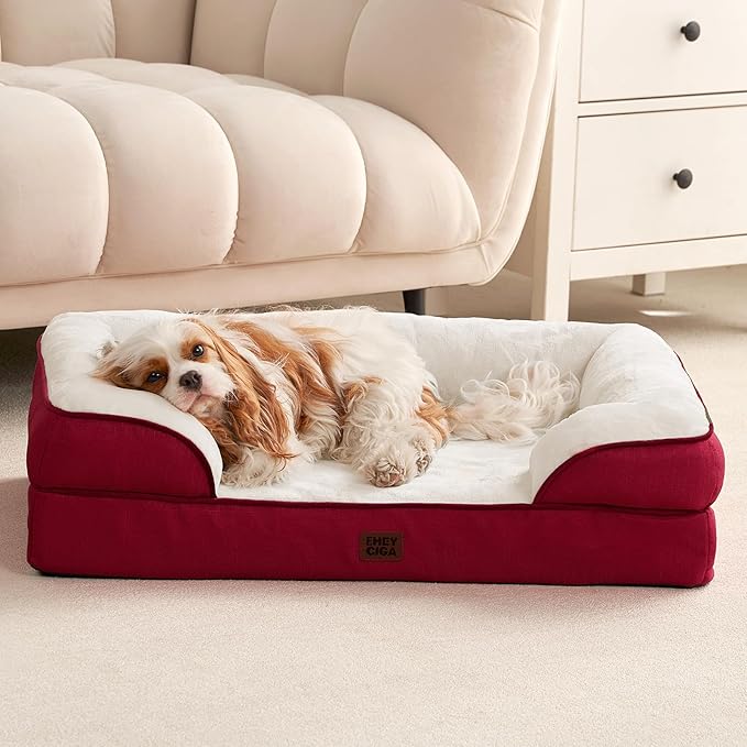 EHEYCIGA Orthopedic Dog Beds for Large Dogs, Waterproof Memory Foam Large Pet Bed with Sides, Non-Slip Bottom and Egg-Crate Foam Dog Couch Bed with Washable Removable Cover,Red