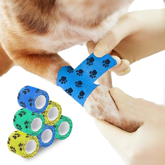 SunGrow Cat Self-Adhesive Bandage, Wound Care, Cuts, Post-Surgery, Hot Spots, 2”(W), Stretchable from 4” to 7”, Breathable Vet Wrap Gauze, 2 Rolls Per Color (Yellow, Blue, Green), 6 Pcs Per Pack