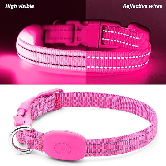 Illumifun LED Dog Collar, USB Rechargeable Light Up Collars, Adjustable Safety Collar Light for Small Dogs Cats Glow in The Dark (Pink, X-Small)