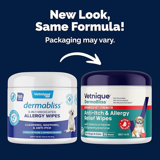 Vetnique Dermabliss 3-in-1 Medicated Dog Wipes - Relief for Itchy Skin, Allergies & Odor Control, Gentle No-Sting Formula, Antihistamine & Hydrocortisone Paw Wipes for Dogs & Cats 50 Count