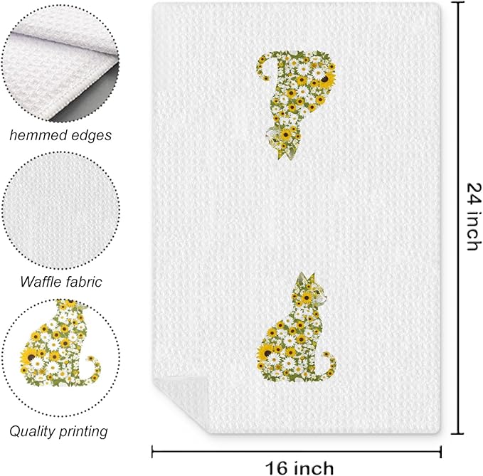 Daisy Floral Cat Kitchen Towel, Floral Cat Hand Towel for Bathroom Decor, Kitten Dish Tea Towel for Kitchen Decor, Pet Gifts for Kitten Lovers Women Girls,