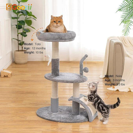 Goozii Large Cat Tree Tower with Scratching Post, Modern Kitten Tower for Indoor Cats, Sturdy Tall Carpet Sisal Cat Scratcher Stand with Big Bed Perch,Scratch Ramp,Ball Toy for Kitty Play -Grey