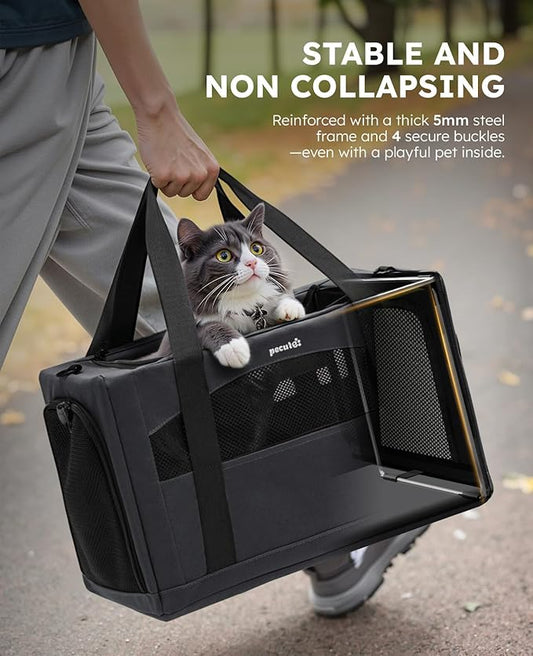 Pecute Cat Carrier Stable, Pet Carrier with Hidden Anxiety Relief Partition & Stable Steel Frame, Safe Cat Carrier for Car Travel, Soft-Sided Dog/Cat Carrier Bag for Pets Up to 11lbs, Dark Gray