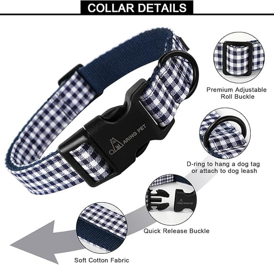 ARING PET Dog Collar, Cute Adjustable Comfortable Cotton Navy White Plaid Pet Collars for Small Medium Large Male Female Boy Girl Dogs-Large