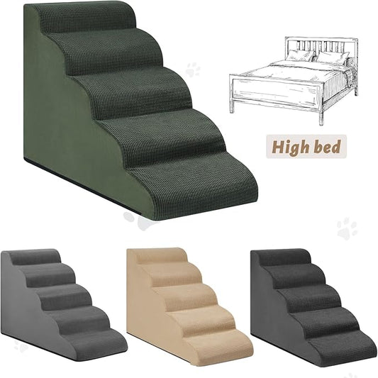 5-Step Dog Stairs and Ramp for High Bed, Non-Slip Sturdy Pet Steps for Small Dogs and Cats,22.2" H,Green