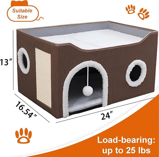 Loyareal Cat Houses for Indoor Cats - Large Cat Bed Cave with Scratch Pad and Fluffy Ball, Foldable Cat Condo Hideaway with Reversible Cushion for Multi Small Pet,Brown