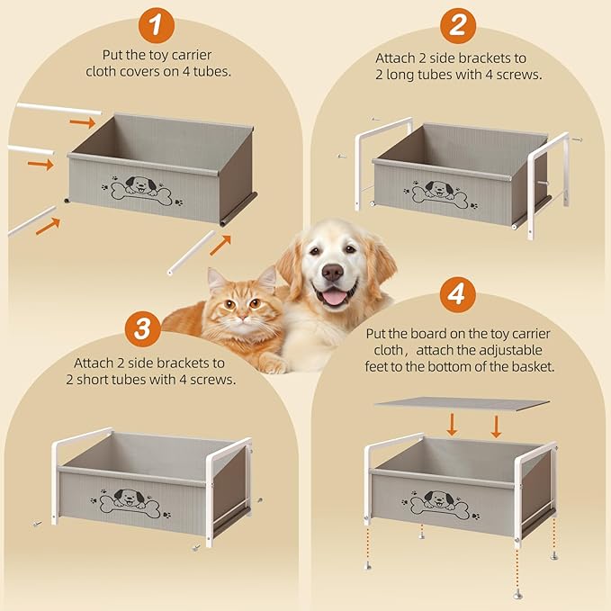 Dog Toy Basket for Storage, Metal Frame Oxford Fabric Pet Toy Organizer with Raised Legs, Large Capacity Dog Toy Bin with Front Low Opening, Washable and Durable Design